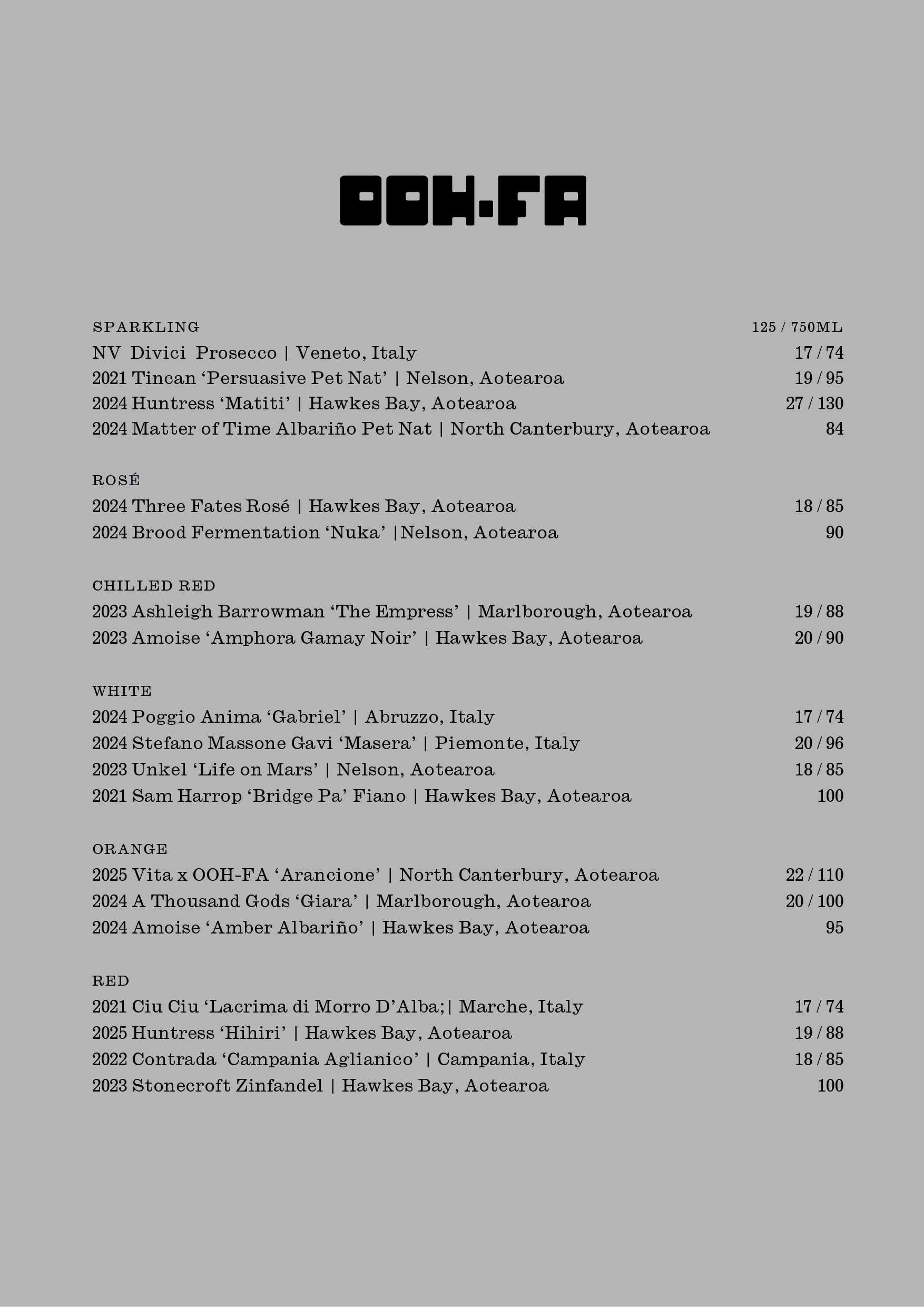 OOH-FA WINE MENU