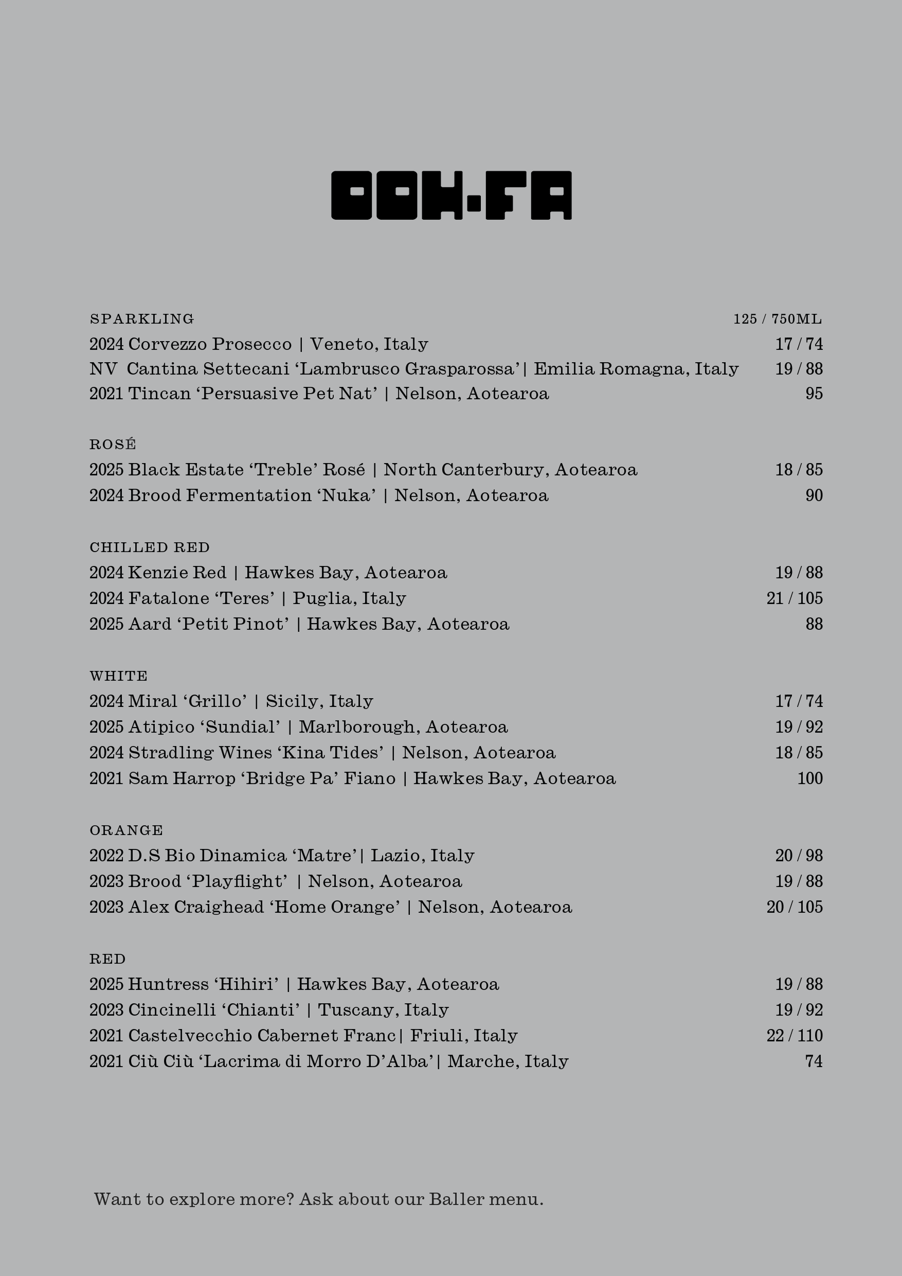 OOH-FA WINE MENU