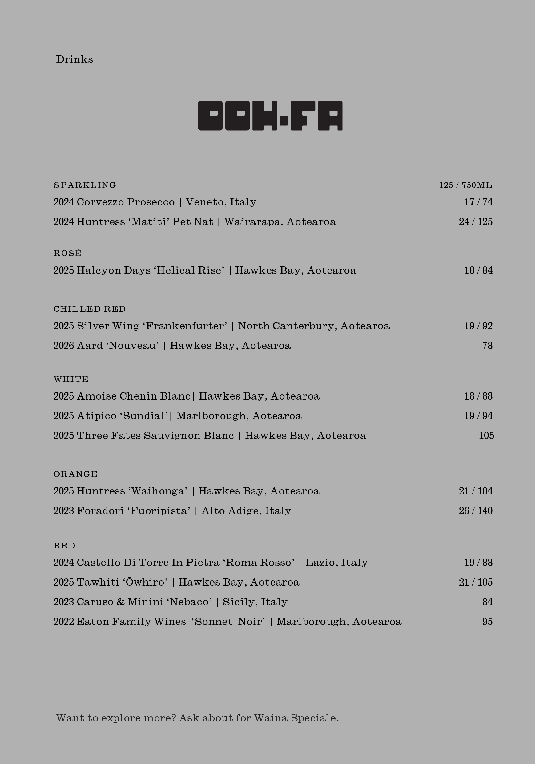 OOH-FA WINE MENU